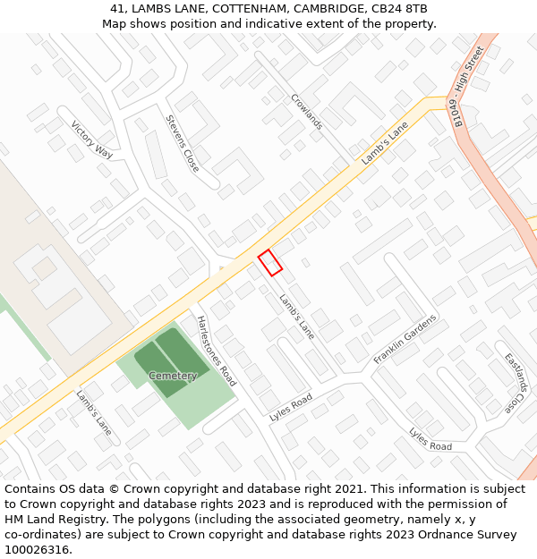 41, LAMBS LANE, COTTENHAM, CAMBRIDGE, CB24 8TB: Location map and indicative extent of plot