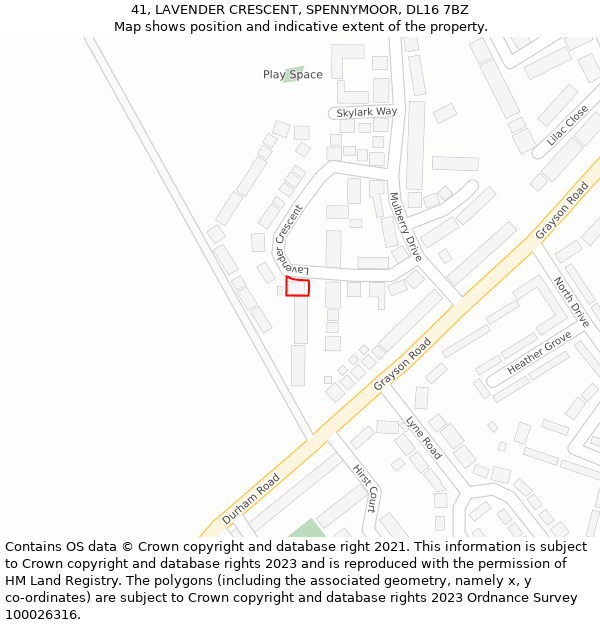 41, LAVENDER CRESCENT, SPENNYMOOR, DL16 7BZ: Location map and indicative extent of plot