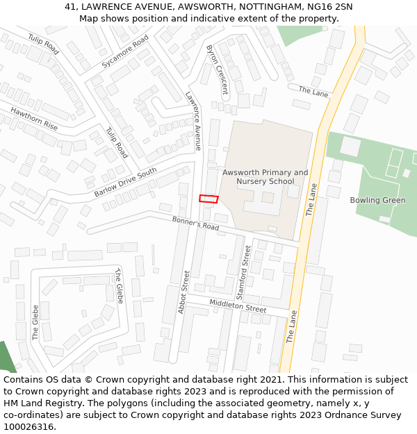 41, LAWRENCE AVENUE, AWSWORTH, NOTTINGHAM, NG16 2SN: Location map and indicative extent of plot