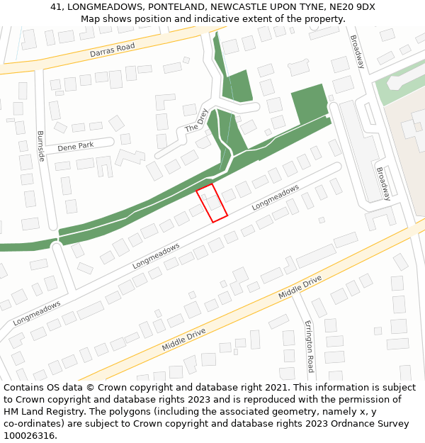 41, LONGMEADOWS, PONTELAND, NEWCASTLE UPON TYNE, NE20 9DX: Location map and indicative extent of plot