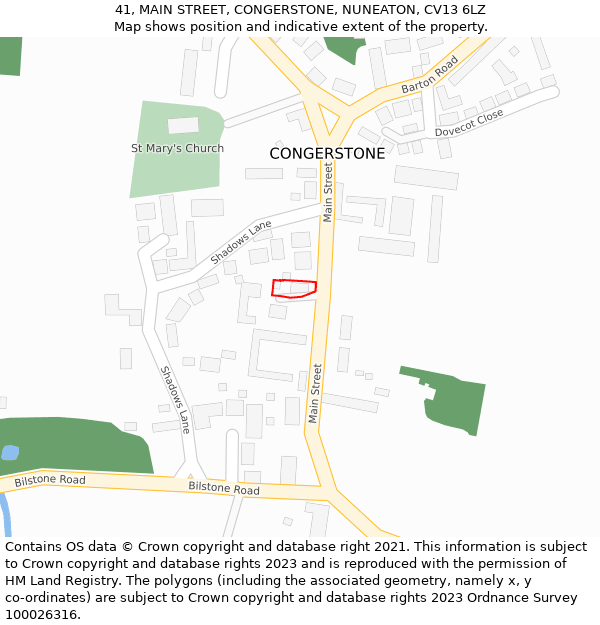 41, MAIN STREET, CONGERSTONE, NUNEATON, CV13 6LZ: Location map and indicative extent of plot