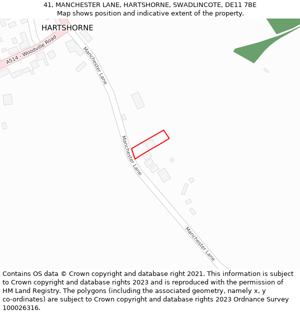41, MANCHESTER LANE, HARTSHORNE, SWADLINCOTE, DE11 7BE: Location map and indicative extent of plot