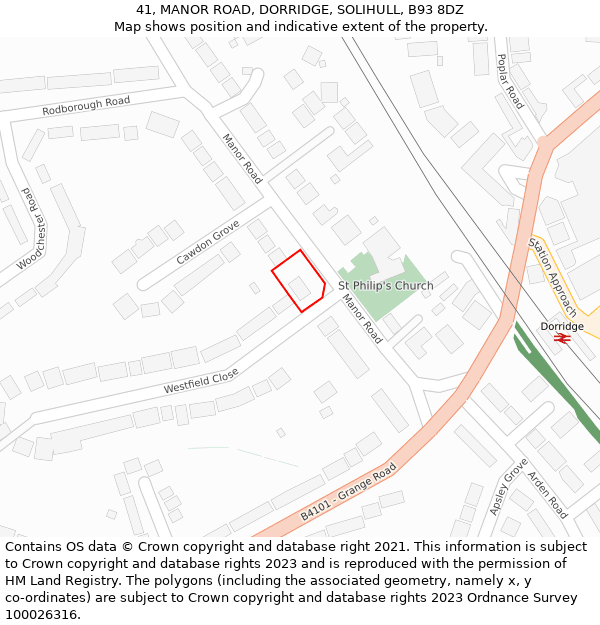 41, MANOR ROAD, DORRIDGE, SOLIHULL, B93 8DZ: Location map and indicative extent of plot