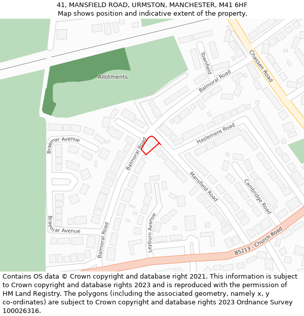 41, MANSFIELD ROAD, URMSTON, MANCHESTER, M41 6HF: Location map and indicative extent of plot