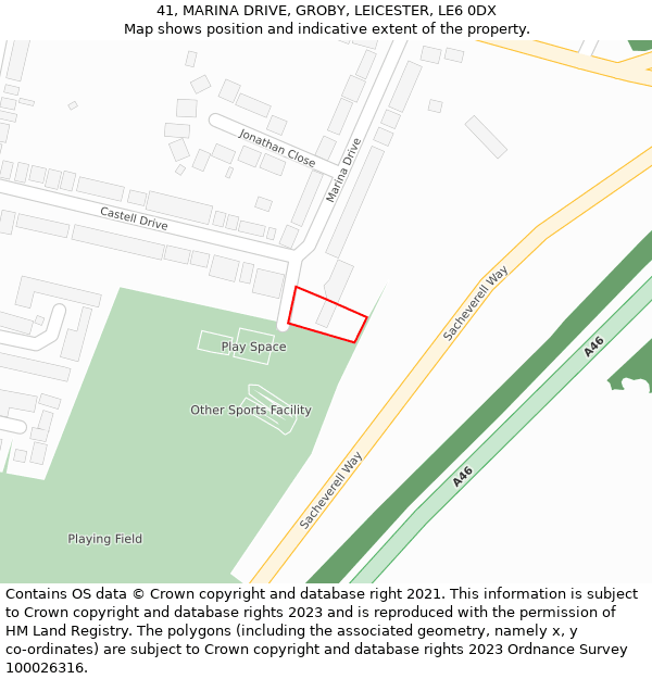 41, MARINA DRIVE, GROBY, LEICESTER, LE6 0DX: Location map and indicative extent of plot