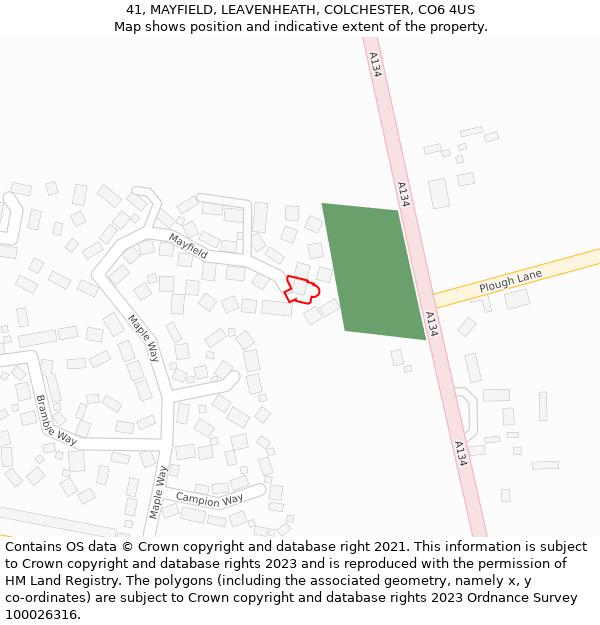 41, MAYFIELD, LEAVENHEATH, COLCHESTER, CO6 4US: Location map and indicative extent of plot