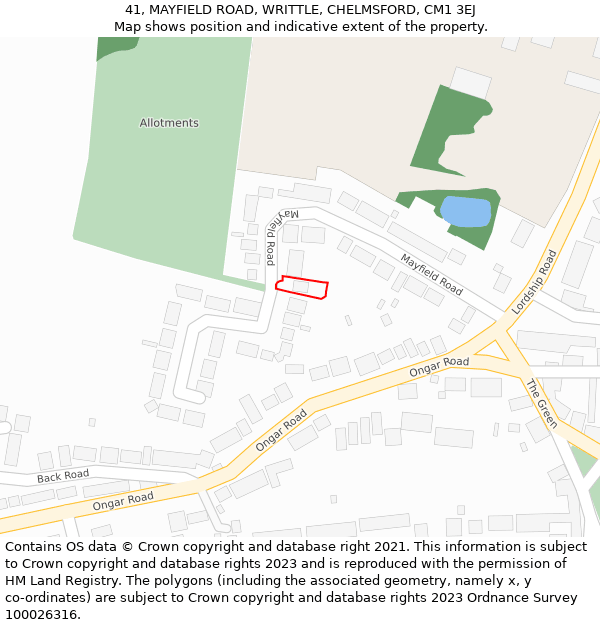 41, MAYFIELD ROAD, WRITTLE, CHELMSFORD, CM1 3EJ: Location map and indicative extent of plot