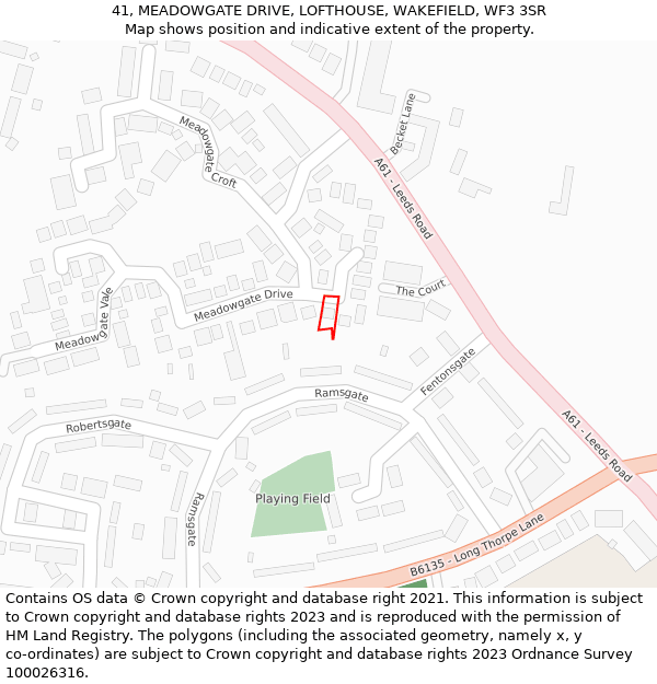 41, MEADOWGATE DRIVE, LOFTHOUSE, WAKEFIELD, WF3 3SR: Location map and indicative extent of plot