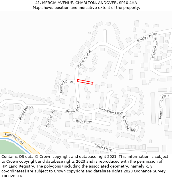 41, MERCIA AVENUE, CHARLTON, ANDOVER, SP10 4HA: Location map and indicative extent of plot