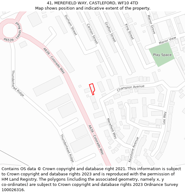 41, MEREFIELD WAY, CASTLEFORD, WF10 4TD: Location map and indicative extent of plot