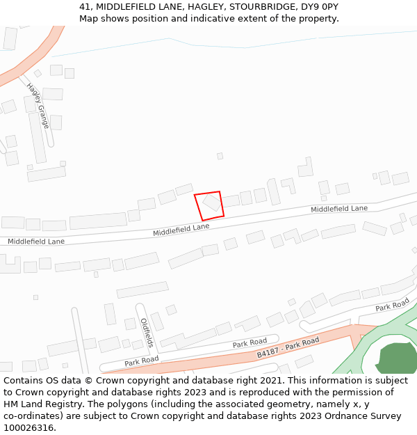 41, MIDDLEFIELD LANE, HAGLEY, STOURBRIDGE, DY9 0PY: Location map and indicative extent of plot