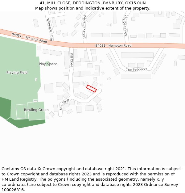 41, MILL CLOSE, DEDDINGTON, BANBURY, OX15 0UN: Location map and indicative extent of plot