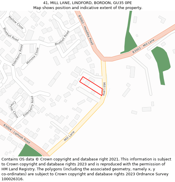 41, MILL LANE, LINDFORD, BORDON, GU35 0PE: Location map and indicative extent of plot