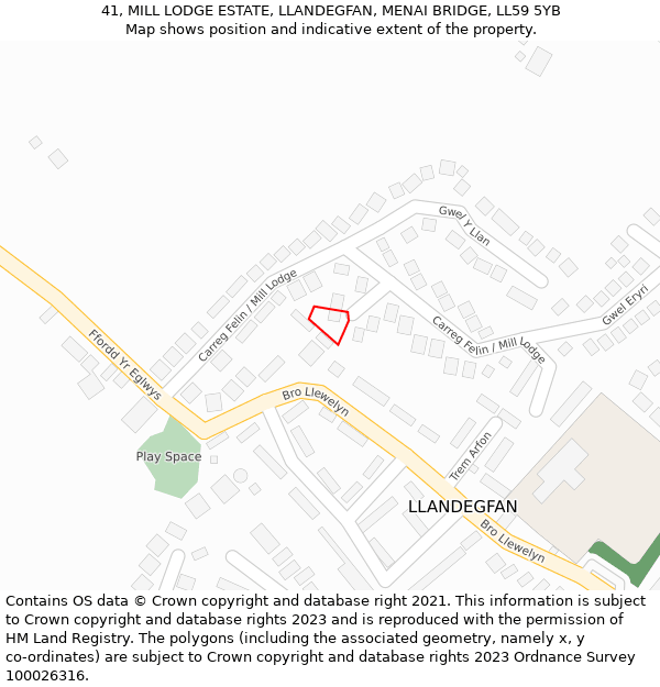 41, MILL LODGE ESTATE, LLANDEGFAN, MENAI BRIDGE, LL59 5YB: Location map and indicative extent of plot