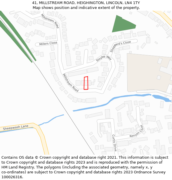 41, MILLSTREAM ROAD, HEIGHINGTON, LINCOLN, LN4 1TY: Location map and indicative extent of plot