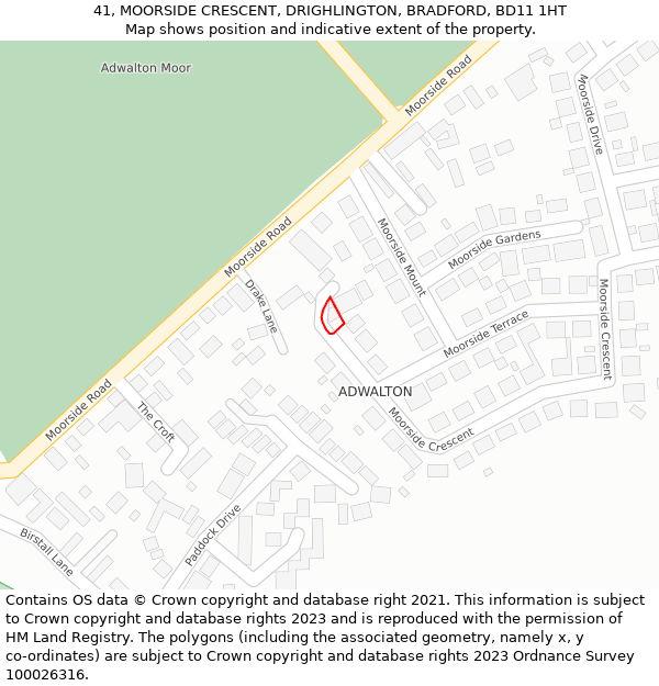 41, MOORSIDE CRESCENT, DRIGHLINGTON, BRADFORD, BD11 1HT: Location map and indicative extent of plot