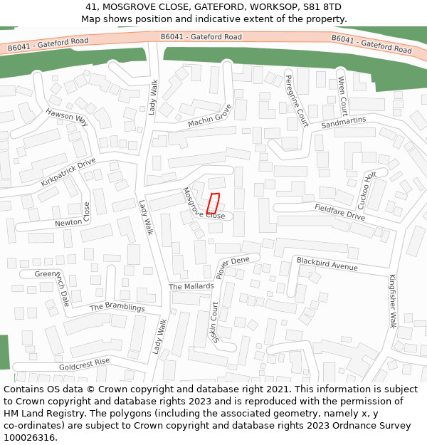 41, MOSGROVE CLOSE, GATEFORD, WORKSOP, S81 8TD: Location map and indicative extent of plot