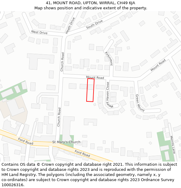 41, MOUNT ROAD, UPTON, WIRRAL, CH49 6JA: Location map and indicative extent of plot