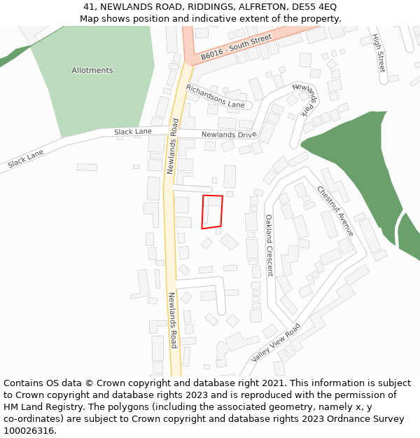 41, NEWLANDS ROAD, RIDDINGS, ALFRETON, DE55 4EQ: Location map and indicative extent of plot