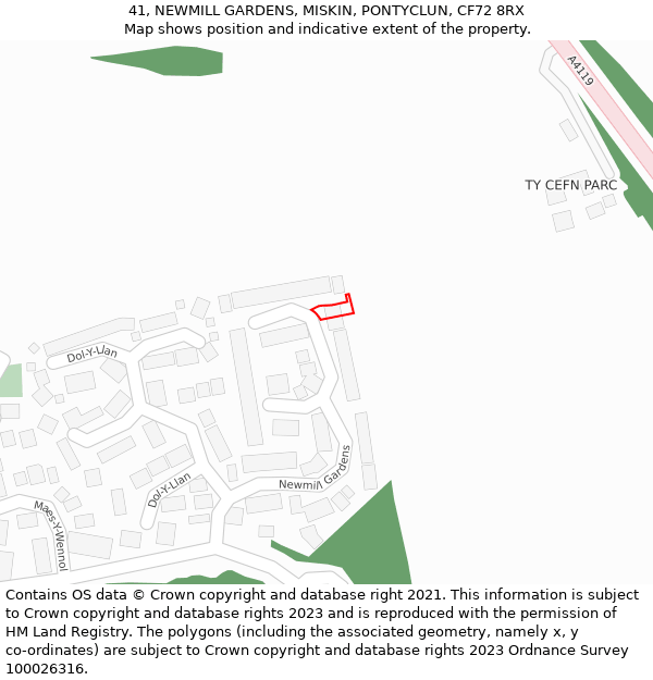 41, NEWMILL GARDENS, MISKIN, PONTYCLUN, CF72 8RX: Location map and indicative extent of plot