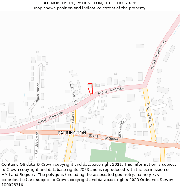 41, NORTHSIDE, PATRINGTON, HULL, HU12 0PB: Location map and indicative extent of plot