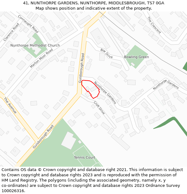 41, NUNTHORPE GARDENS, NUNTHORPE, MIDDLESBROUGH, TS7 0GA: Location map and indicative extent of plot