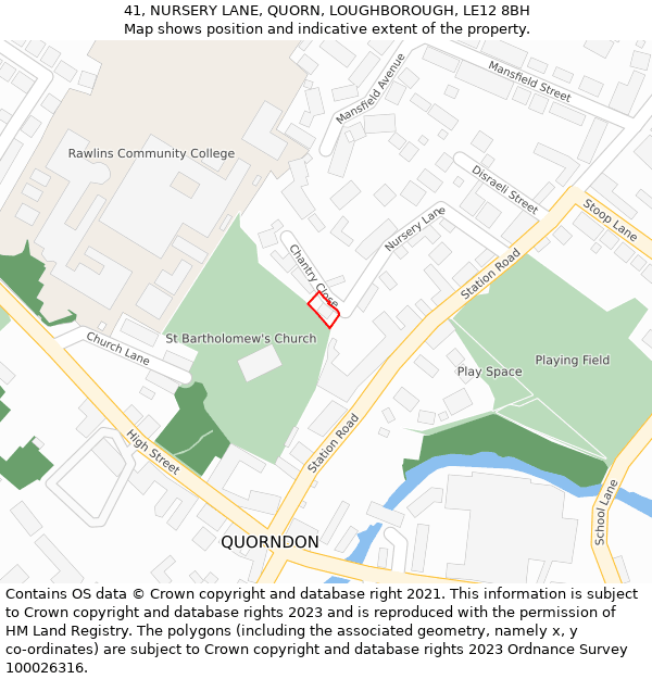 41, NURSERY LANE, QUORN, LOUGHBOROUGH, LE12 8BH: Location map and indicative extent of plot