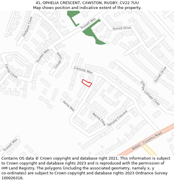 41, OPHELIA CRESCENT, CAWSTON, RUGBY, CV22 7UU: Location map and indicative extent of plot