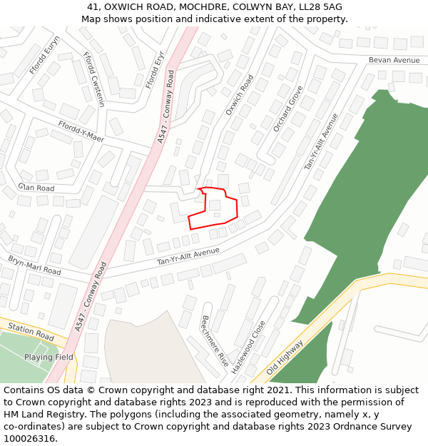 41, OXWICH ROAD, MOCHDRE, COLWYN BAY, LL28 5AG: Location map and indicative extent of plot
