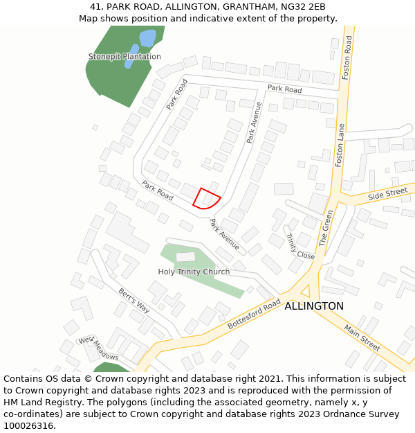 41, PARK ROAD, ALLINGTON, GRANTHAM, NG32 2EB: Location map and indicative extent of plot