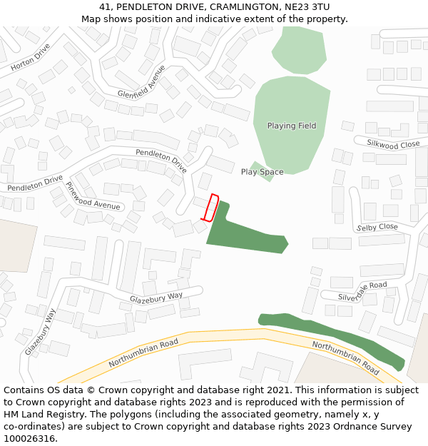 41, PENDLETON DRIVE, CRAMLINGTON, NE23 3TU: Location map and indicative extent of plot