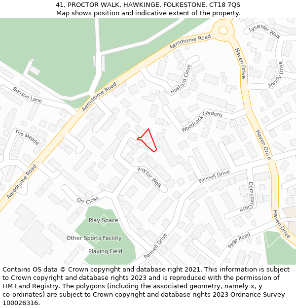 41, PROCTOR WALK, HAWKINGE, FOLKESTONE, CT18 7QS: Location map and indicative extent of plot