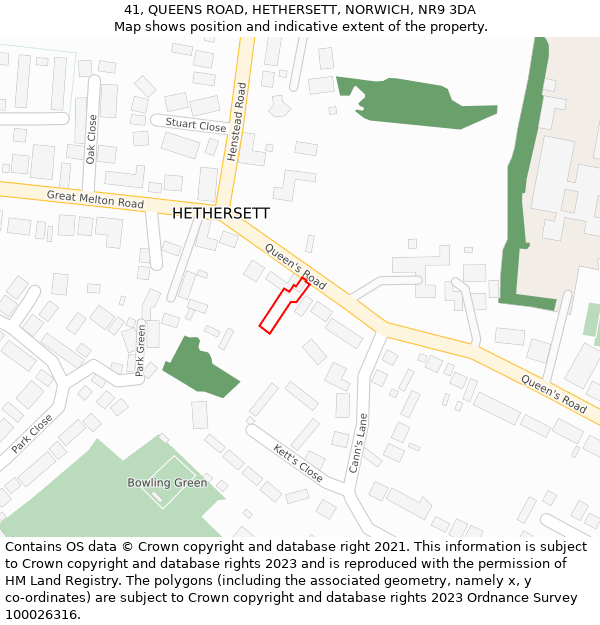 41, QUEENS ROAD, HETHERSETT, NORWICH, NR9 3DA: Location map and indicative extent of plot