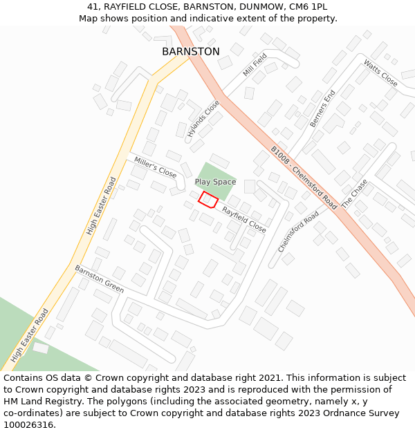 41, RAYFIELD CLOSE, BARNSTON, DUNMOW, CM6 1PL: Location map and indicative extent of plot