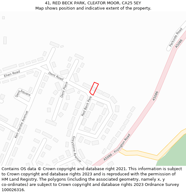 41, RED BECK PARK, CLEATOR MOOR, CA25 5EY: Location map and indicative extent of plot