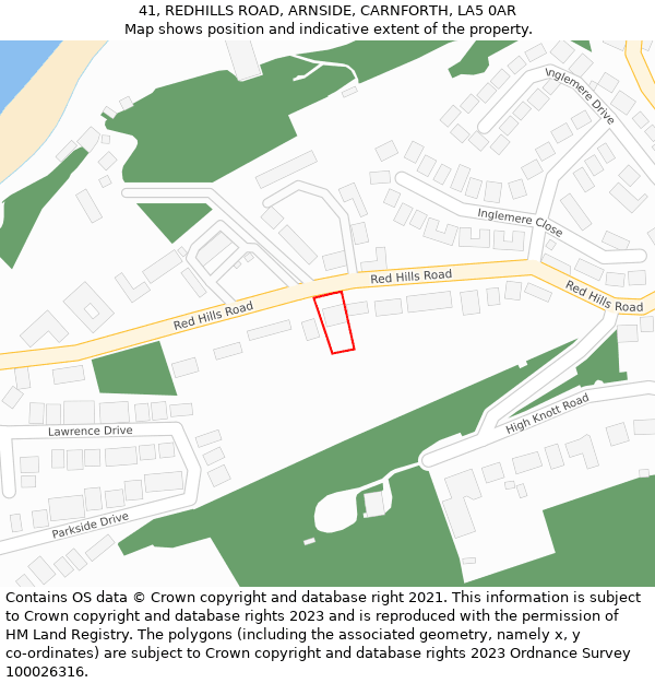 41, REDHILLS ROAD, ARNSIDE, CARNFORTH, LA5 0AR: Location map and indicative extent of plot