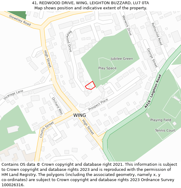 41, REDWOOD DRIVE, WING, LEIGHTON BUZZARD, LU7 0TA: Location map and indicative extent of plot