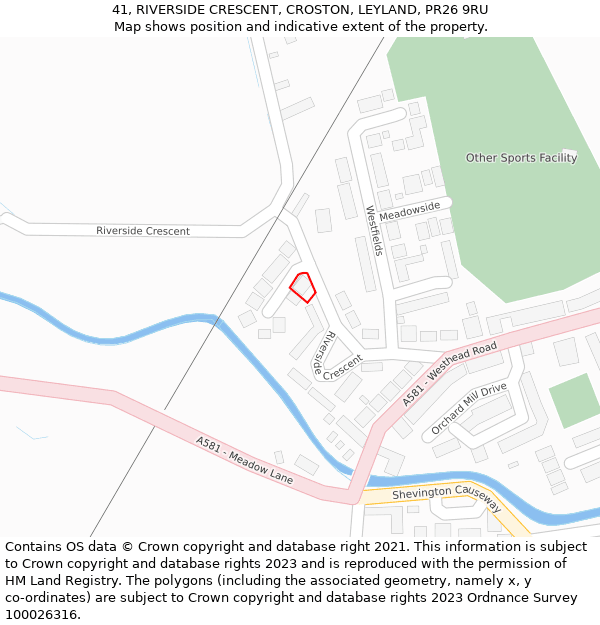 41, RIVERSIDE CRESCENT, CROSTON, LEYLAND, PR26 9RU: Location map and indicative extent of plot