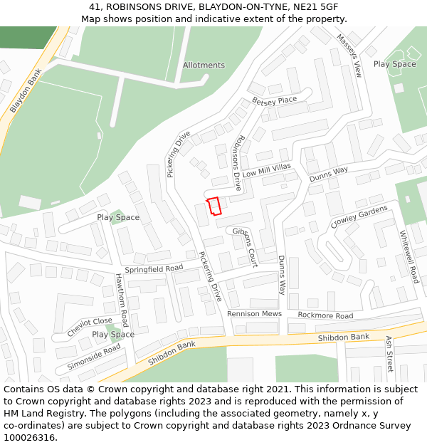 41, ROBINSONS DRIVE, BLAYDON-ON-TYNE, NE21 5GF: Location map and indicative extent of plot