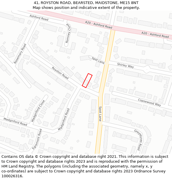 41, ROYSTON ROAD, BEARSTED, MAIDSTONE, ME15 8NT: Location map and indicative extent of plot