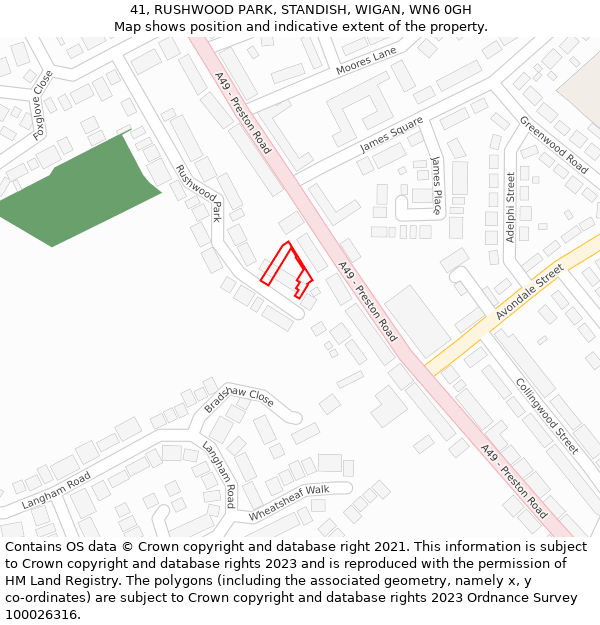 41, RUSHWOOD PARK, STANDISH, WIGAN, WN6 0GH: Location map and indicative extent of plot