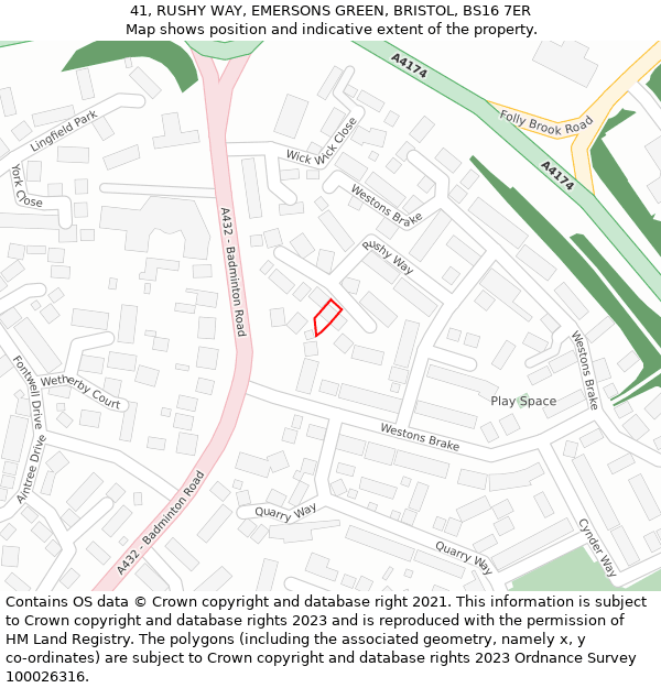 41, RUSHY WAY, EMERSONS GREEN, BRISTOL, BS16 7ER: Location map and indicative extent of plot