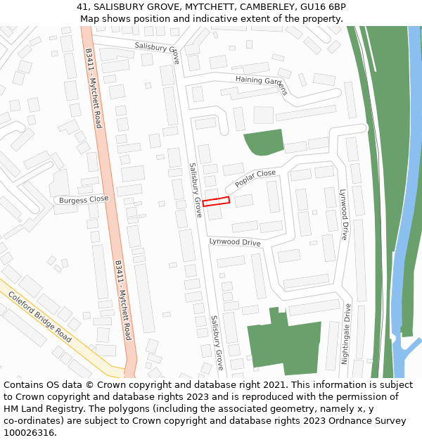 41, SALISBURY GROVE, MYTCHETT, CAMBERLEY, GU16 6BP: Location map and indicative extent of plot