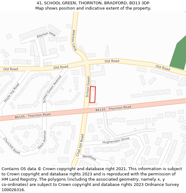 41, SCHOOL GREEN, THORNTON, BRADFORD, BD13 3DP: Location map and indicative extent of plot