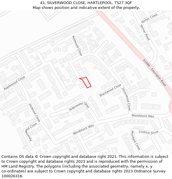 41, SILVERWOOD CLOSE, HARTLEPOOL, TS27 3QF: Location map and indicative extent of plot