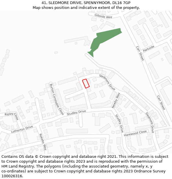 41, SLEDMORE DRIVE, SPENNYMOOR, DL16 7GP: Location map and indicative extent of plot