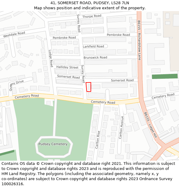 41, SOMERSET ROAD, PUDSEY, LS28 7LN: Location map and indicative extent of plot