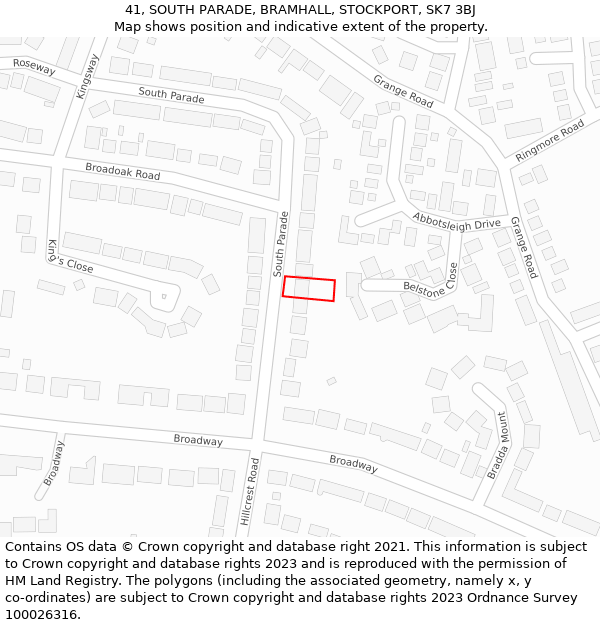 41, SOUTH PARADE, BRAMHALL, STOCKPORT, SK7 3BJ: Location map and indicative extent of plot