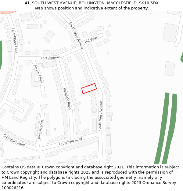 41, SOUTH WEST AVENUE, BOLLINGTON, MACCLESFIELD, SK10 5DX: Location map and indicative extent of plot