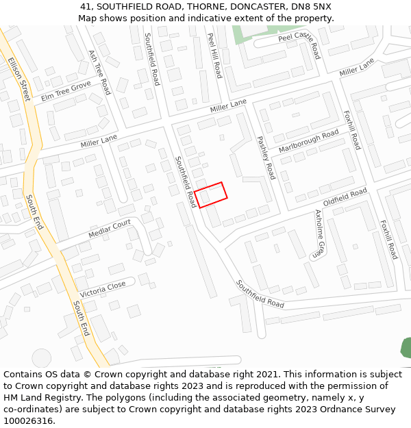 41, SOUTHFIELD ROAD, THORNE, DONCASTER, DN8 5NX: Location map and indicative extent of plot